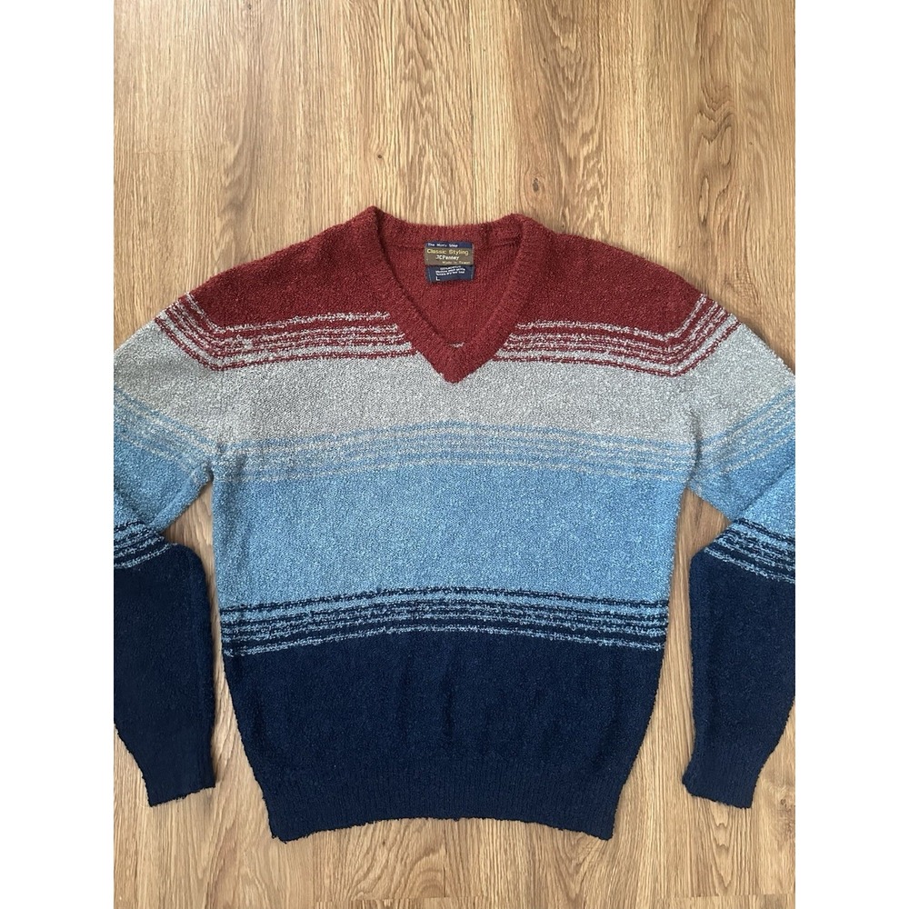 VTG 70s/80s JCPenney Striped Knit Pullover Sweater Grandpa Retro Ski Indi